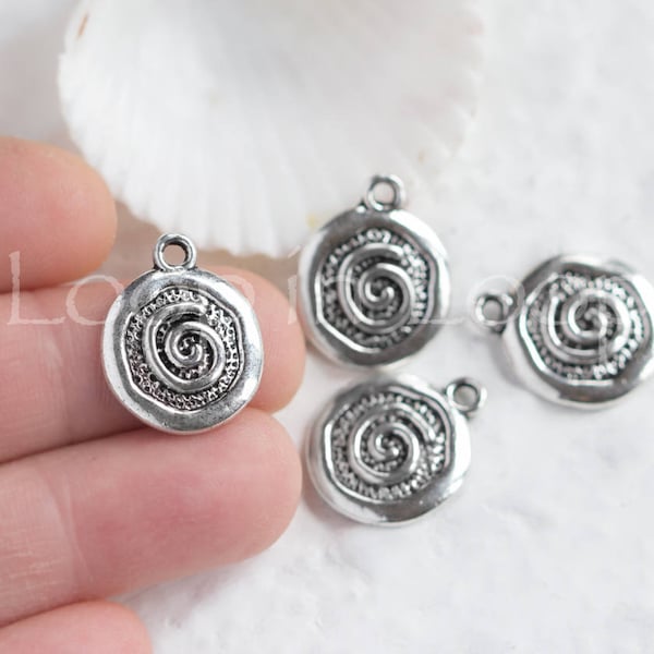 10%OFF Spiral Small disc pendant, Antique Silver textured Mykonos Greek metal casting Cast Charm Round 15mm DIY - 2 pcs