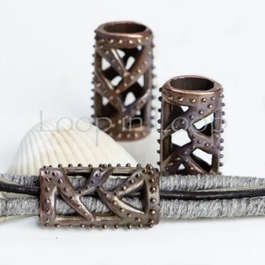 Mykonos Beads, Large Oval Tube Slider, Antique Copper, primitive boho ornate filigree barrel tube, 9mm hole for thick cord