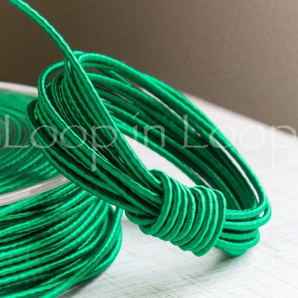 Emerald Green SILK cord 1.5mm Wrapped Silk Satin rope, organic natural hand spun silk, polyester core, bracelet necklace cord -3 feet