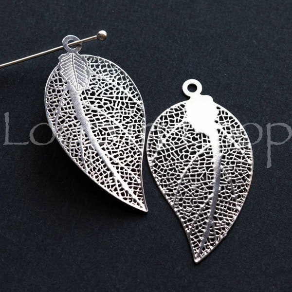 10%OFF Filigree Leaf Charm,  Large Laser Cut Silver leaves Connector, thin and light Earring Charm, Metal Pendant (pick qty)