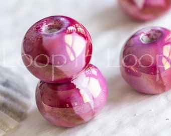 14mm Ceramic beads, Blush Pink, berry, white, round Ball, Glazed Beads, with Large Hole, Enamel Luster mosaic, boho rounds, -2 pcs