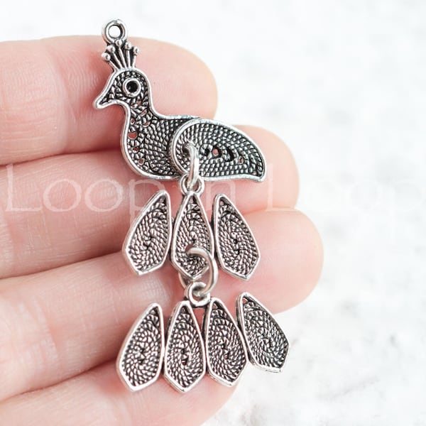 10%OFF Peacock Pendant Antique Silver Wire Bird feather Charm 52 mm Greek beads dangle peacock eye for stone setting bohemian jewelry making