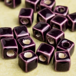 10%OFF, 5mm Square ceramic beads, little cube, Dark eggplant purple, Greek Mykonos beads, glazed enamel cube spacers, pick qty