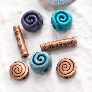 25%OFF, Spiral Bead Set, Turquoise ceramic, Antique copper tube, Carved swirl shell, Symbol Beads, Spring Diy, Jewelry making