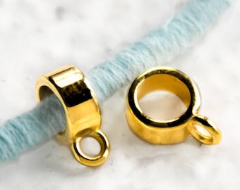 Gold Charm Bail Tube, Spacer, Large 5mm hole for Round Cord, European high quality, Gold Plated, Holder w/loop, pick qty
