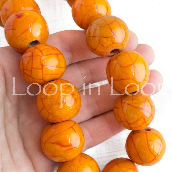 10%OFF Large 25mm Ceramic round Beads 1 inch Crackle Orange Red Glazed Enameled Ball mosaic Bead 5mm hole Organic rounds boho rustic jewelry