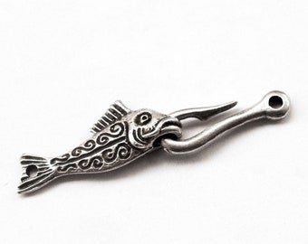Fish and Fishhook Toggle Clasp, Greek Mykonos findings, Antique silver, jewelry making, Unique craft supplies, 1/2/10sets