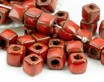 25%OFF, 5mm Square ceramic beads, Crimson Red, large hole little cube, Greek Mykonos beads, glazed enamel spacers -pick qty