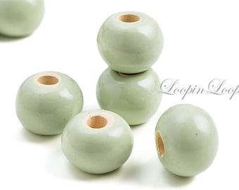 Bolas de cerámica celadón verde salvia, cuentas esmaltadas con agujeros grandes, 13 mm - 14 mm, redondas, esmaltadas, Mykonos, 2/5/10 piezas