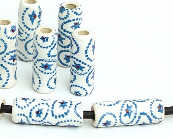 17mm Blue floral tube beads, Large Hole beads,  White Glazed Enamel Ceramic Mykonos Greek Beads, boho beads for jewelry making - 6pc
