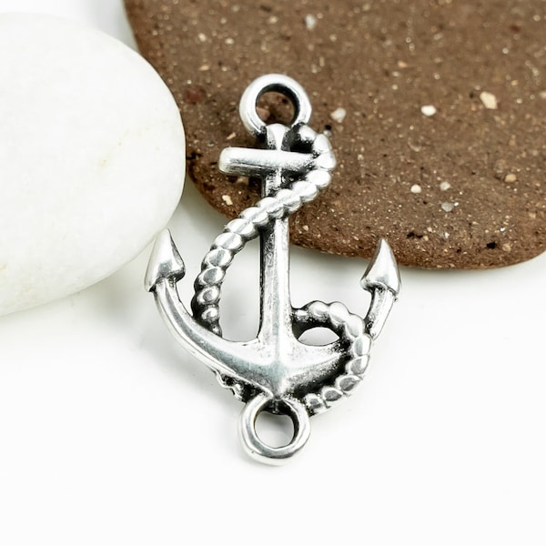 10%OFF Anchor with rope Connector, double sided Bracelet charm, focal beads jewelry making, European Silver Plated Beach men nautical - 1pc