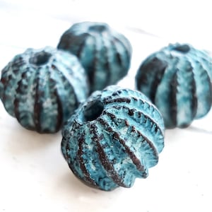 Sea Urchin Bead, Mykonos beads, Rustic Nautical Beads, 12mm round bead, Green Patina on copper, Jewelry Making, 4pcs