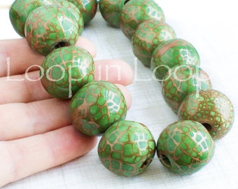 25%OFF Large 25mm Ceramic round Beads 1 inch Green Gold crackle Glazed Enameled Ball mosaic Bead 5mm hole Unique Organic rounds boho rustic