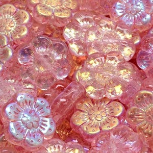 14mm Glass Anemone Flower Beads, wild rose, Premium pressed Czech glass, translucent Pink Aurora Borealis, 6/18pcs