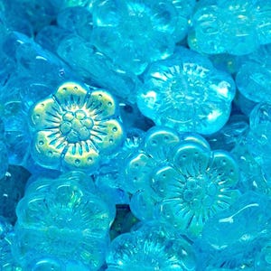 14mm Glass anemone flower beads, wild rose, translucent turquoise blue, Aurora Borealis, Premium pressed Czech glass, 6/18pcs