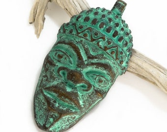 10%OFF Extra Large African Mask Pendant, African Tribal Face, Copper Green Patina Mykonos Greek Metal rustic Ethnic Boho bohemian heavy mask