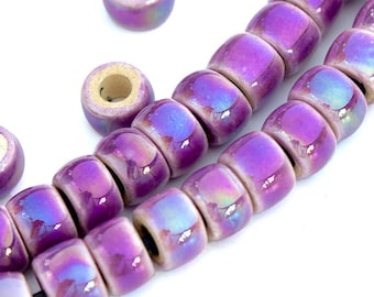 4X6mm Iridescent purple ceramic mini tube beads, 6mm glazed Mykonos spacers, 5/10/30pcs