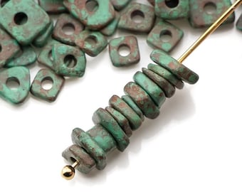 Ceramic abstract chip beads, Aged Teal, brown, Mykonos Greek Beads, 5mm Tiny irregular spacer, washer, jewelry making, pick qty