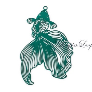 10%OFF Peacock Green Goldfish Charm, Laser Cut Connector, thin and light Earring Charm jewelry making filigree Pendant 32X49mm - pick qty