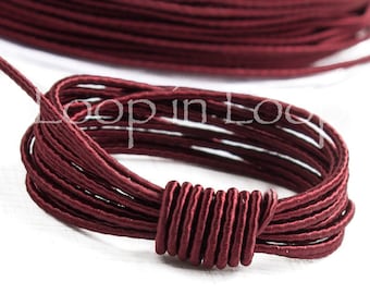 Dark Red SILK cord, Wrapped Silk Satin, 1.5 mm thick, organic natural hand spun silk, polyester core, (3 feet)