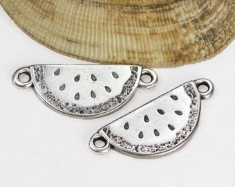 10%OFF, Silver Watermelon Slice Connector, Bracelet link, charm for jewelry making, Necklace 2 loop focal beads, Greek metal casting -2pcs