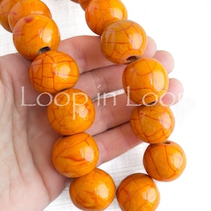 10%OFF, Large 25mm Ceramic round Beads, 1 inch Crackle Orange Red Glazed Enameled Ball mosaic, 5mm hole, Organic rounds, boho rustic jewelry