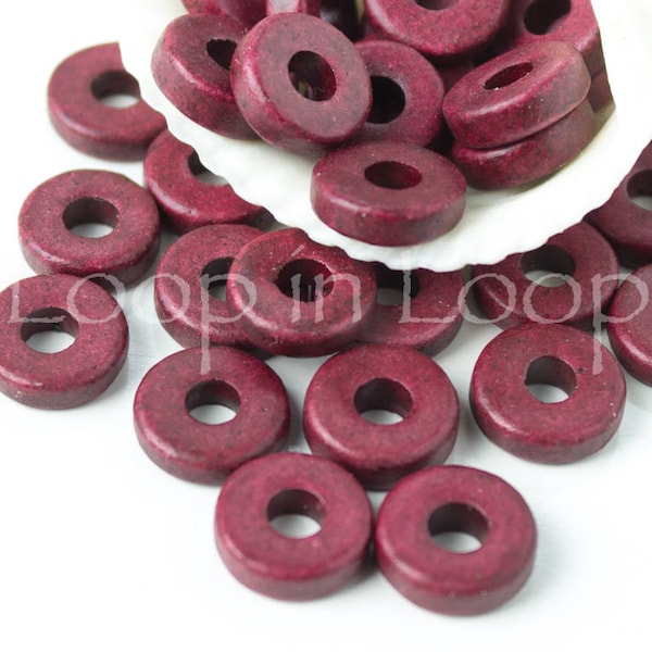 25%OFF Mykonos beads Dark Red Wine 8mm ceramic washers, Round Flat Disk Spacers, Greek Maroon big hole beads, jewelry making diy - Wholesale