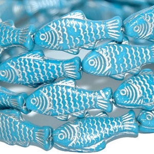 Glass fish beads, 1 inch Czech glass beads, Turquoise with Silver Wash, tropical beach jewelry making, double sided, 25mm - pick qty