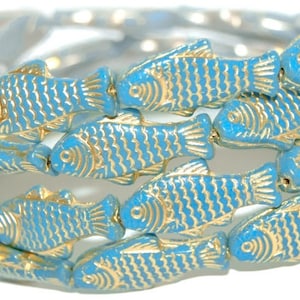 Glass fish beads, 1 inch Czech glass beads, Turquoise with Gold Wash, tropical beach jewelry making, double sided, 25mm - pick qty