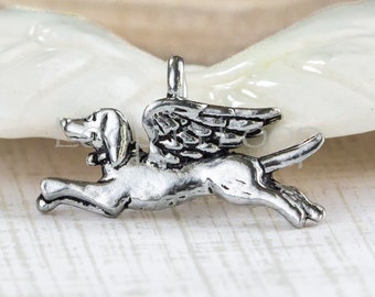 Dije de ángel de perro, plata antigua, dijes conmemorativos para mascotas, colgante de perro con alas, peltre sin plomo, hecho en EE. UU.