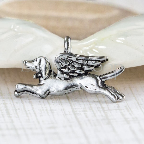 10%OFF Dog Angel Charm, Antique Silver pet memorial charms, dog memorial charms, Dog with Angel Wings pendant lead free Pewter Made in USA