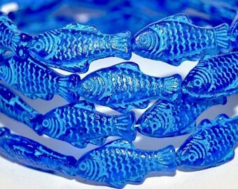 Glass fish beads, 1 inch Czech glass beads, tropical beach jewelry making, Blue with blue Wash, double sided, 25mm - pick qty