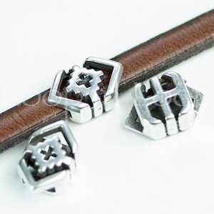 Antique Silver Cross Slider Beads, for 5mm Flat Leather, Geometric Boho Tribal European Zamak Charm, pick qty