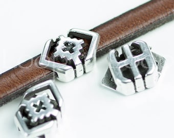 Antique Silver Cross Slider Beads, for 5mm Flat Leather, Geometric Boho Tribal European Zamak Charm, pick qty