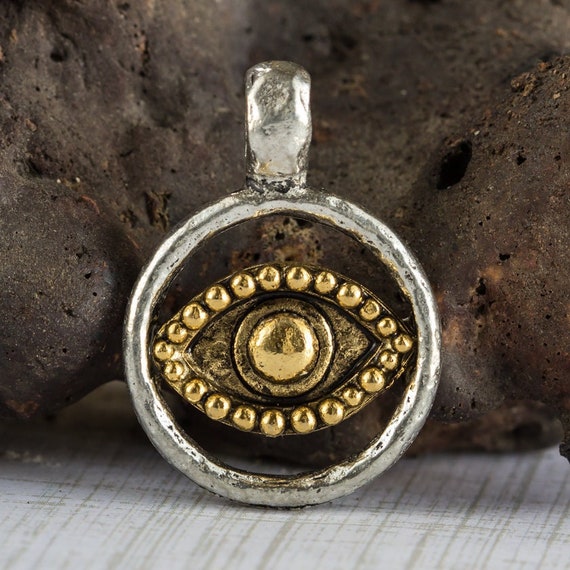 Evil Eye pendant, Antique gold in open silver hammered circle bezel, 2 tone amulet, protection charm, lead free Pewter, Made USA, 1pc