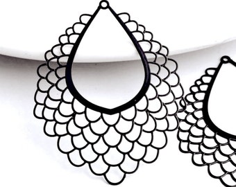 Black Filigree charm, Ethnic Boho Pendants, Big Lacy drop, Laser Cut, bohemian Earring Connector, thin light, 35x45mm, 2pcs