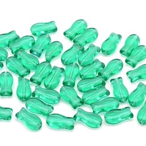 24 Czech glass fish beads, tiny fishes, Teal green, transparent, pressed glass, 3/8 inch, 9x5mm, for jewelry making