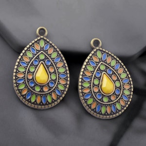 10%OFF, Yellow Bronze Filigree Charms, Small Enamel pendant, flower mandala, Antique brass yellow blue green orange, earring charms
