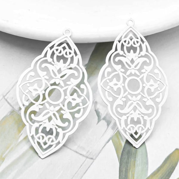 10%OFF Filigree WHITE Ornate oval Drop, jewelry making Earring charm, Large Laser Cut Connector, thin and light Pendant 43x25mm -Pick qty
