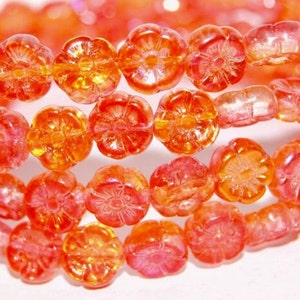 10mm Glass Flower Beads, Premium pressed Czech glass Hawaii flowers, Pink orange with gold AB finish, for jewelry making, 20pcs
