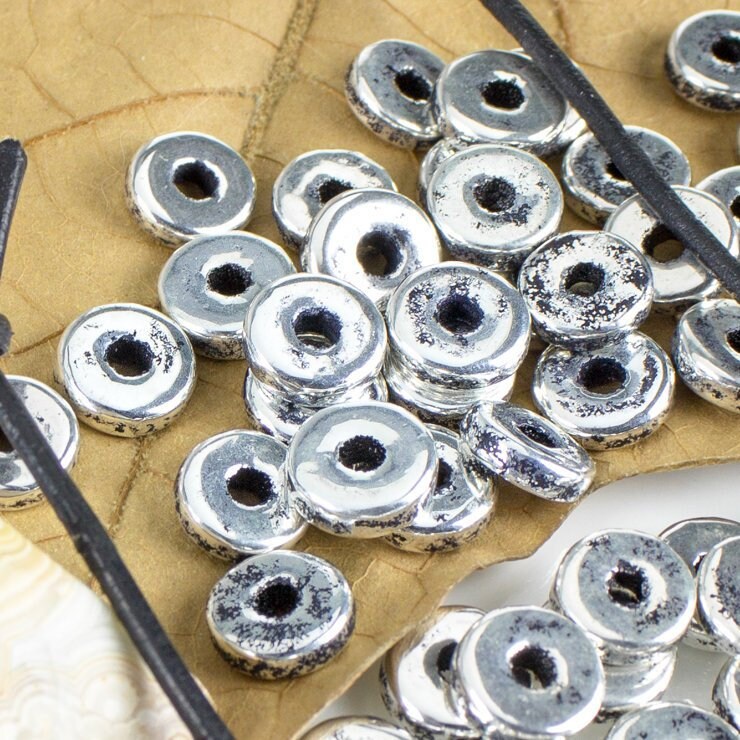 Small Silver Washer Bead Spacers Mykonos Greek Beads Organic 
