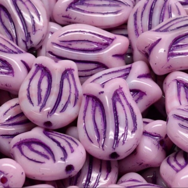 Czech Glass tulip Beads, lily flower, Premium pressed Czech glass, pink with purple wash, for jewelry making, 16mm - 6pcs