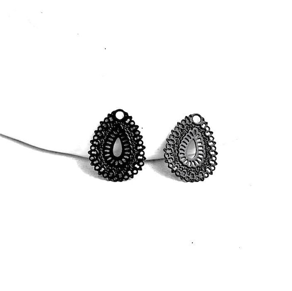 10%OFF, Small Filigree Charms Black Tiny Oval Drop Laser Cut for