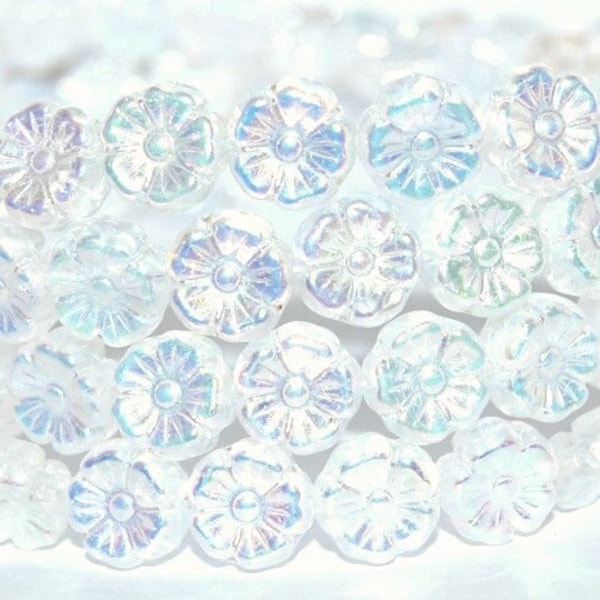 10mm Glass Flower Beads, Premium pressed Czech glass Hawaii flowers, Crystal Matte white Aurora Borealis, for jewelry making, 20pcs