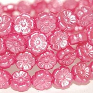 10mm Glass Flower Beads, Premium pressed Czech glass Hawaiian flowers, Pink pearl finish, for jewelry making, 20pcs