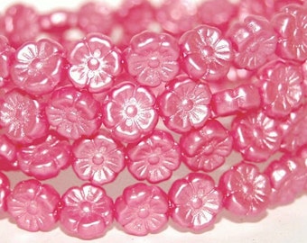 10mm Glass Flower Beads, Premium pressed Czech glass Hawaiian flowers, Pink pearl finish, for jewelry making, 20pcs