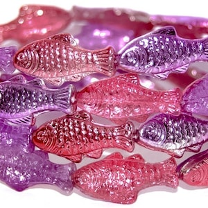 Glass Fish beads, 1 inch Czech glass beads, Coral Red Purple mix / AB Luster, beach jewelry making, translucent double sided, 25mm, pick qty