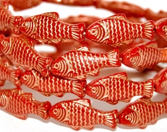 Glass fish beads, 1 inch Czech glass beads, opaque Red with Copper Wash, tropical beach jewelry making, double sided, 25mm - pick qty