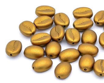 Czech Glass Coffee Bean Beads, Opaque Metallic Dark Gold (11mmx8mm), pick qty