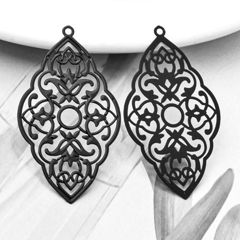 10%OFF Filigree Black Ornate oval Drop, jewelry making Earring charm, Large Laser Cut Connector, thin and light Pendant 43x25mm Pick qty image 1